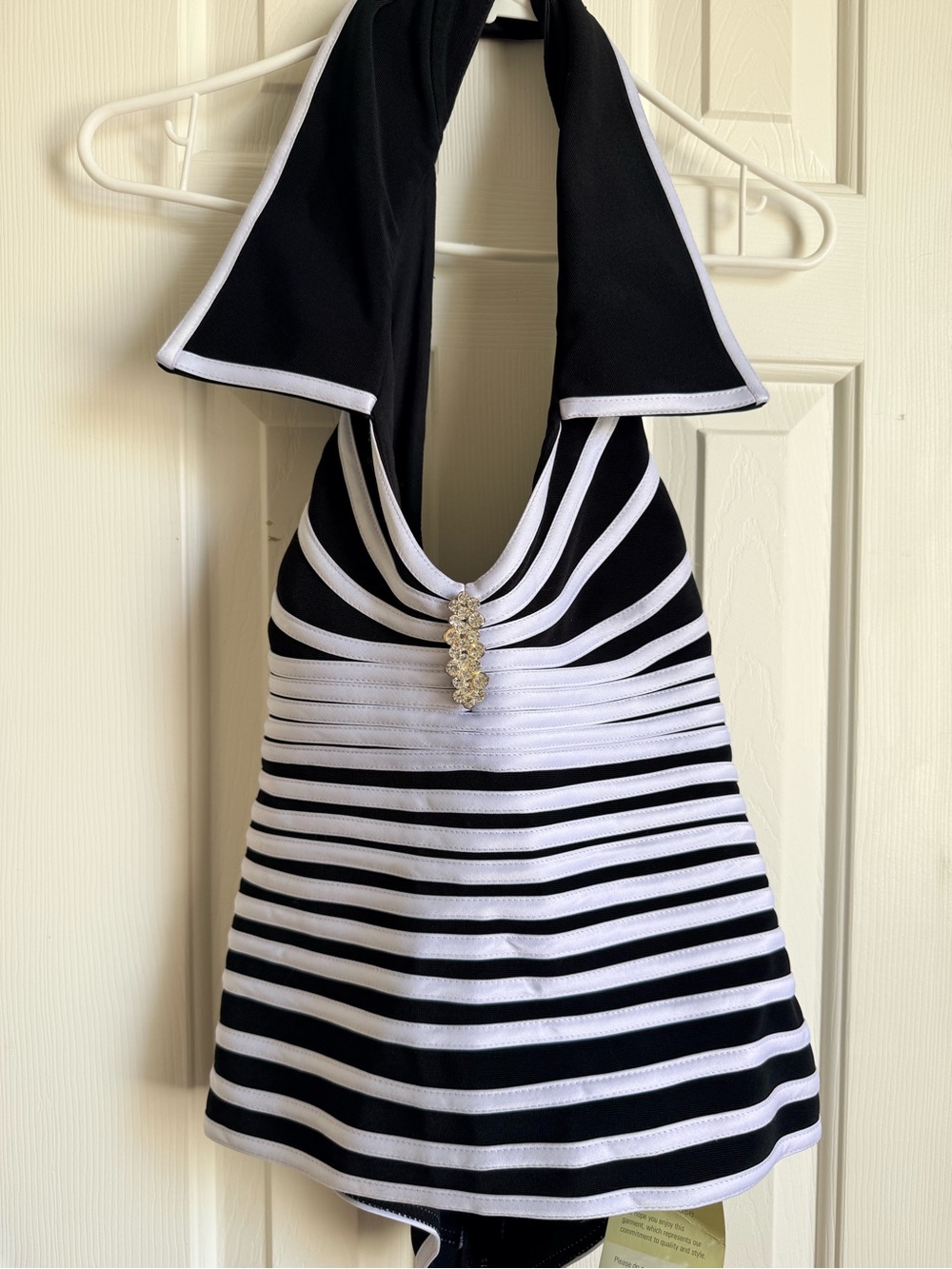 Women's New Black and White Striped Halter Top with Rhinestone Detail